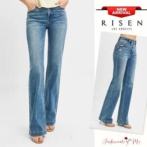 RISEN High Rise Distressed Detail Zipper Fly Medium Washed Bootcut Denim Jeans